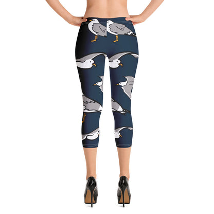 Navy Seagulls Large Print Capri Leggings