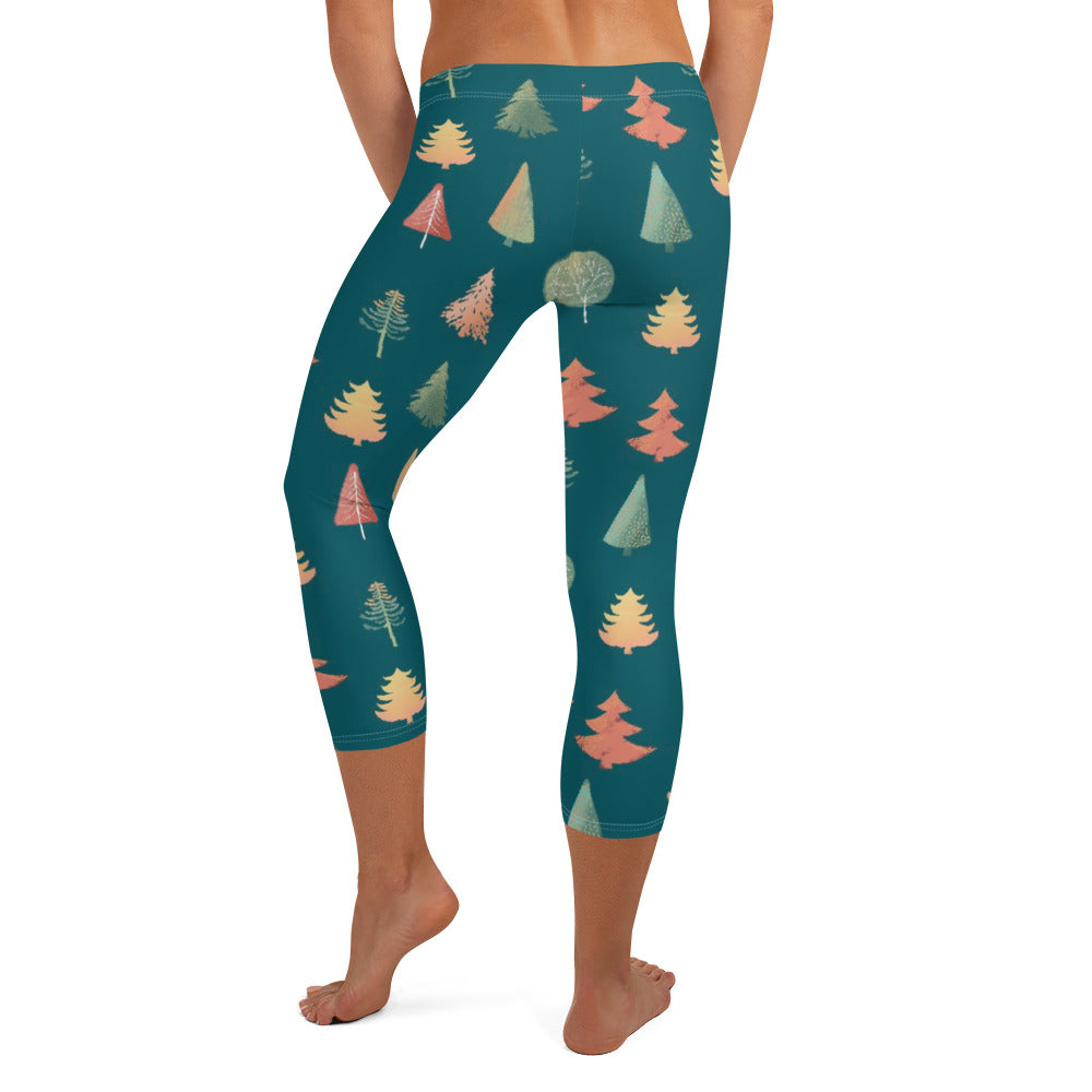 Fancy Trees Capri Leggings, Teal