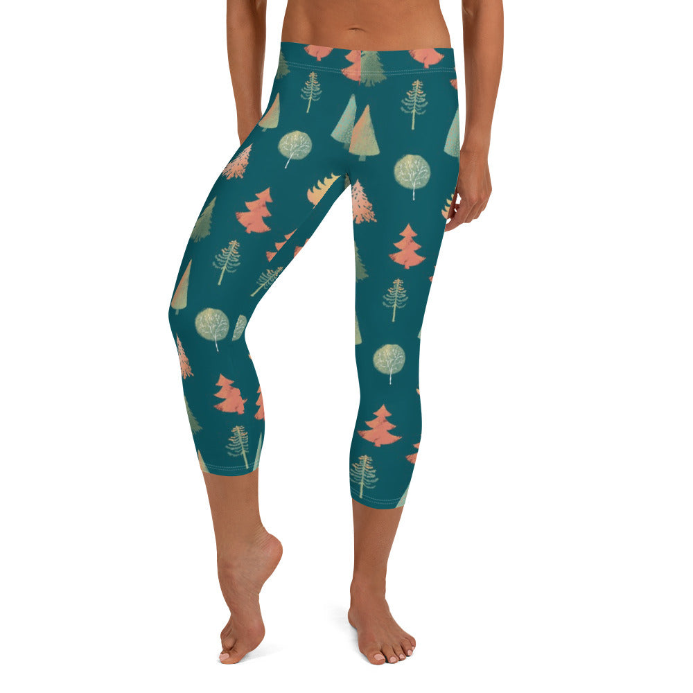 Fancy Trees Capri Leggings, Teal