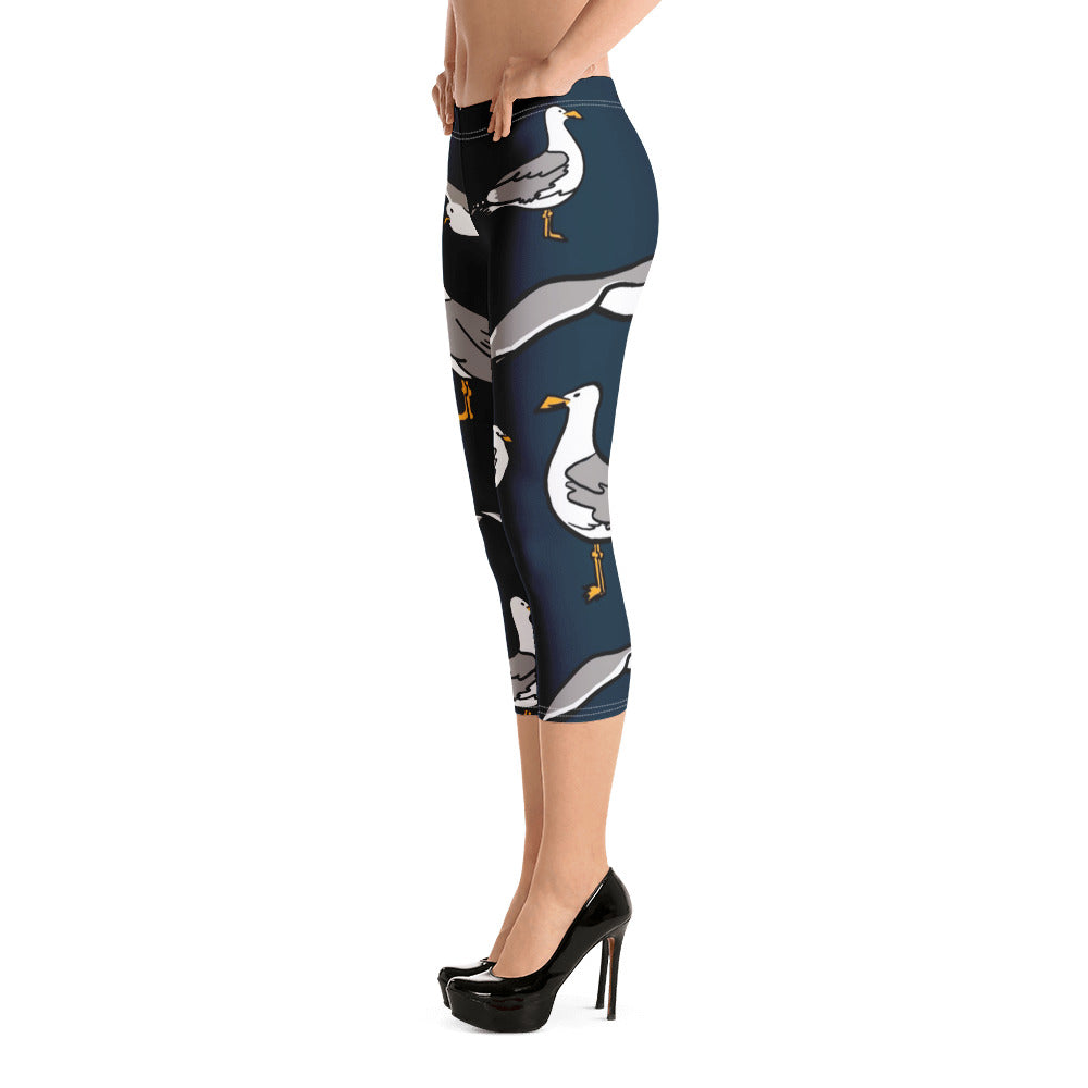 Navy Seagulls Large Print Capri Leggings