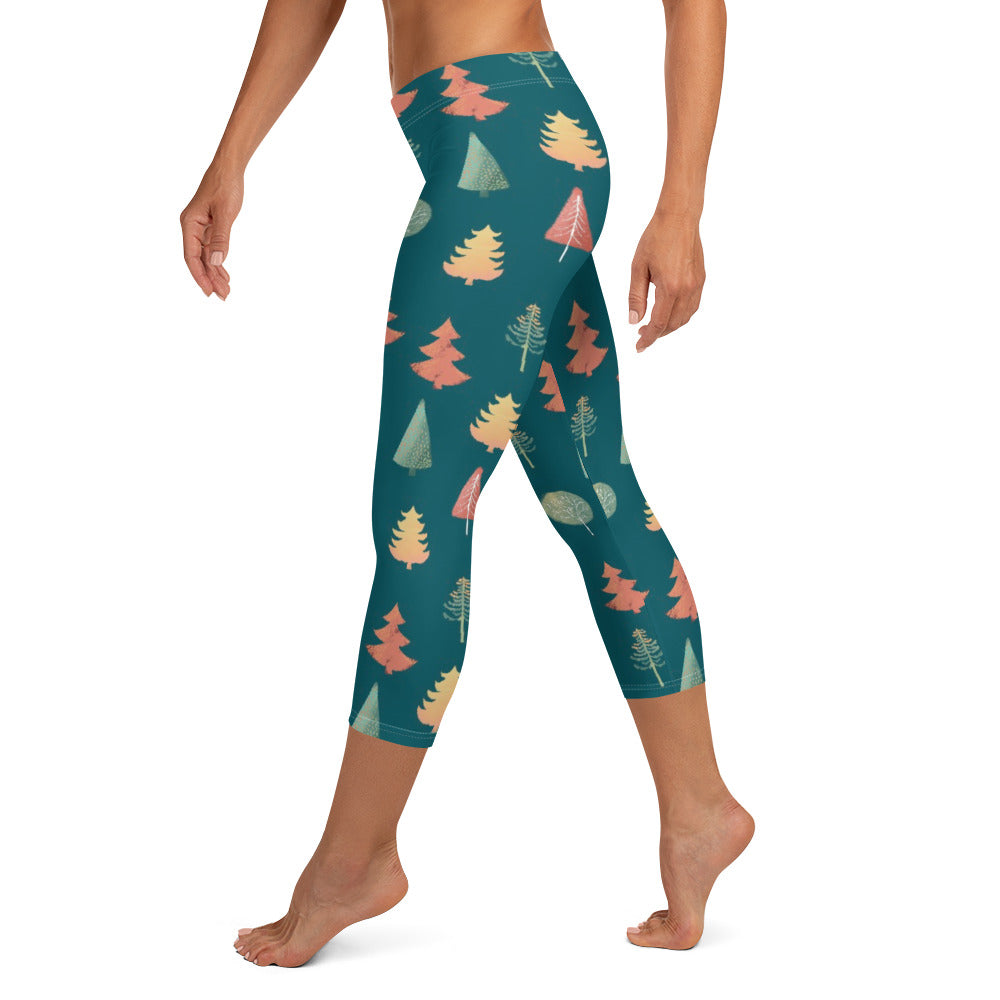 Fancy Trees Capri Leggings, Teal