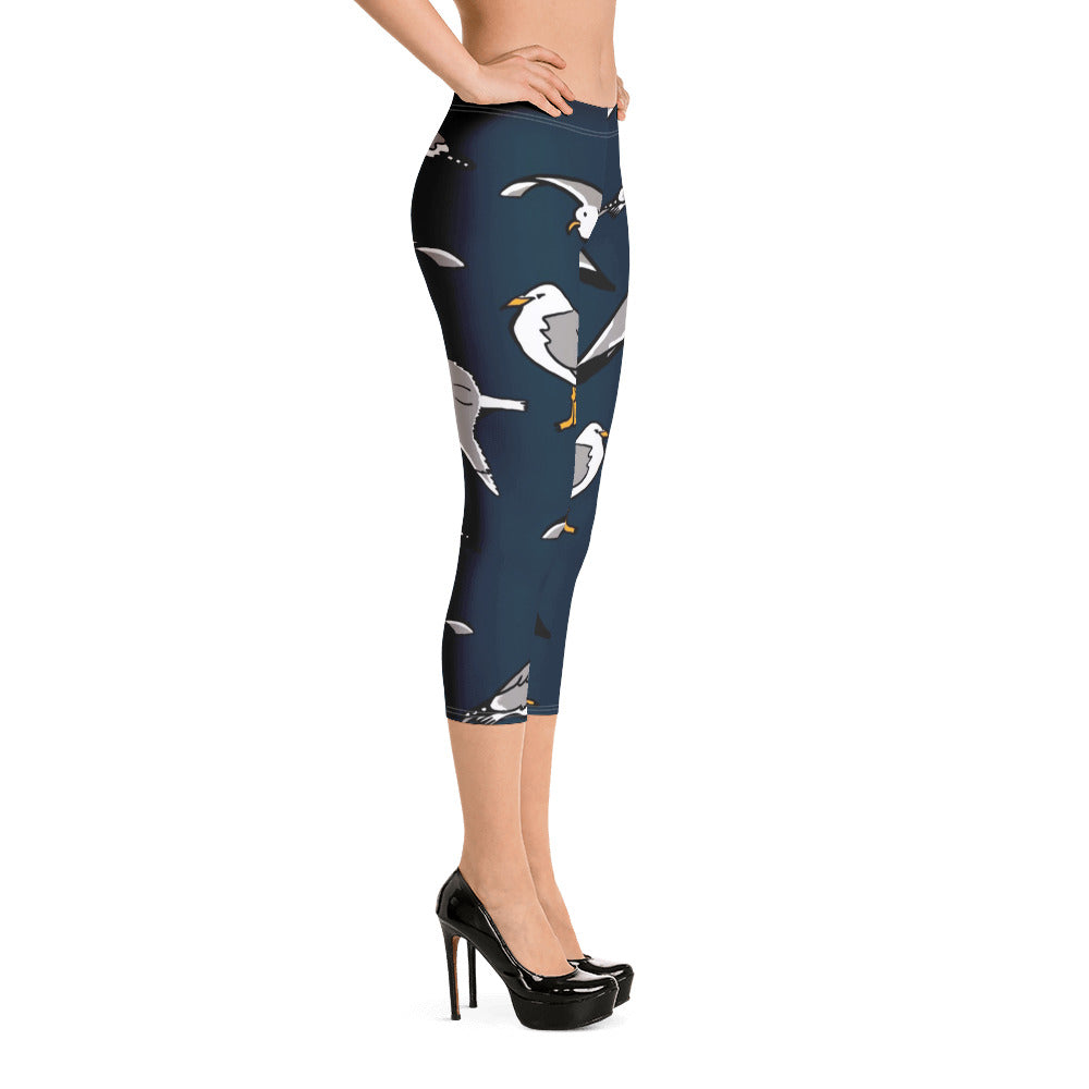 Navy Seagulls Large Print Capri Leggings