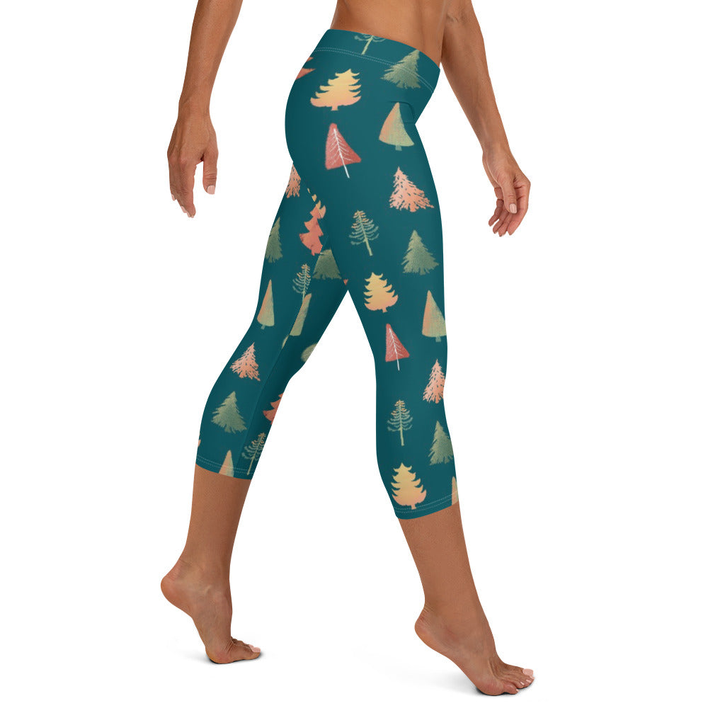 Fancy Trees Capri Leggings, Teal