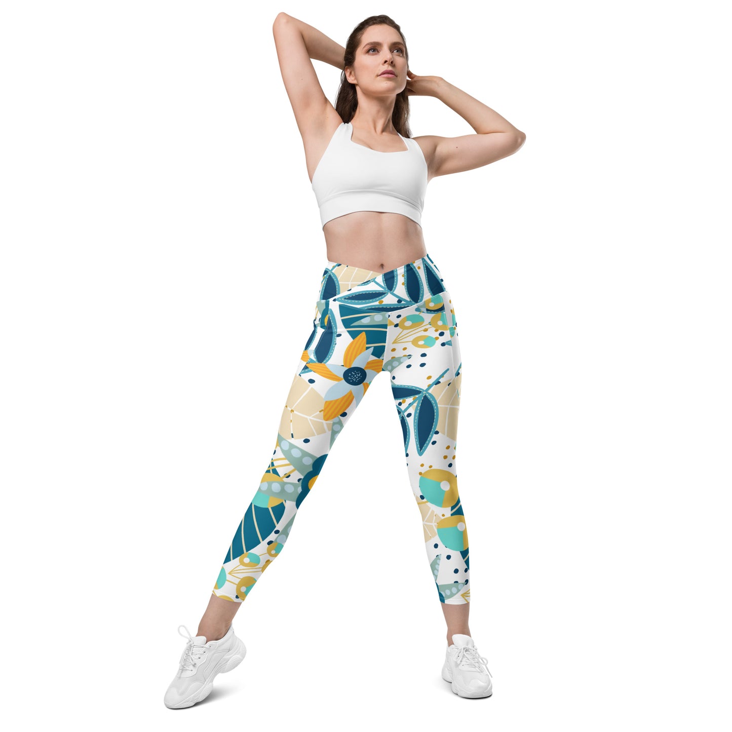 Blue & Yellow Floral Crossover leggings with pockets