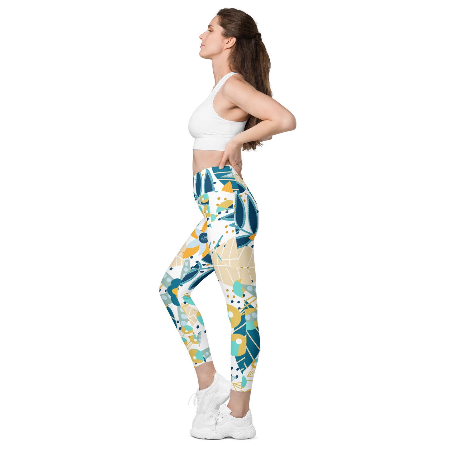 Blue & Yellow Floral Crossover leggings with pockets