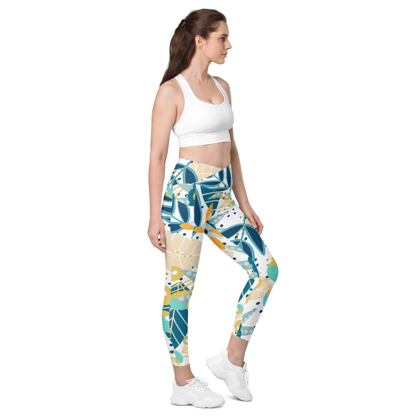 Blue & Yellow Floral Crossover leggings with pockets