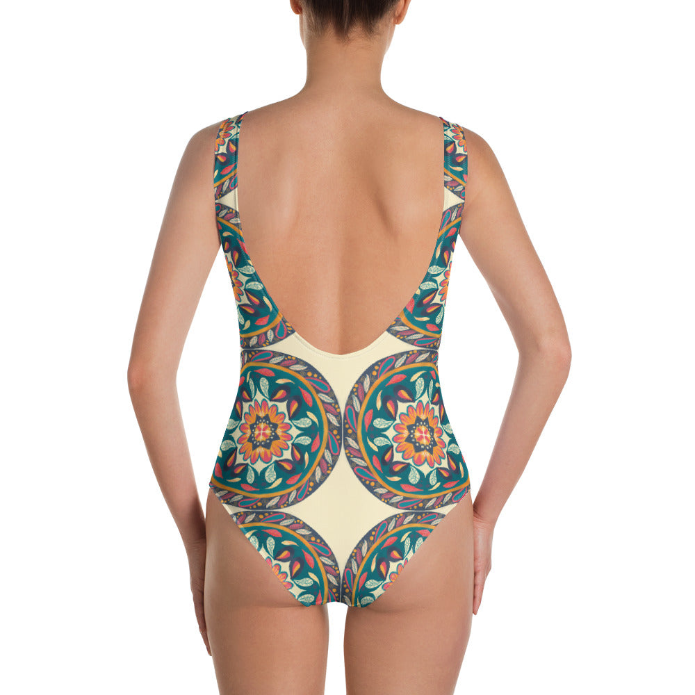 Floral Mandala One-Piece Swimsuit, Cream