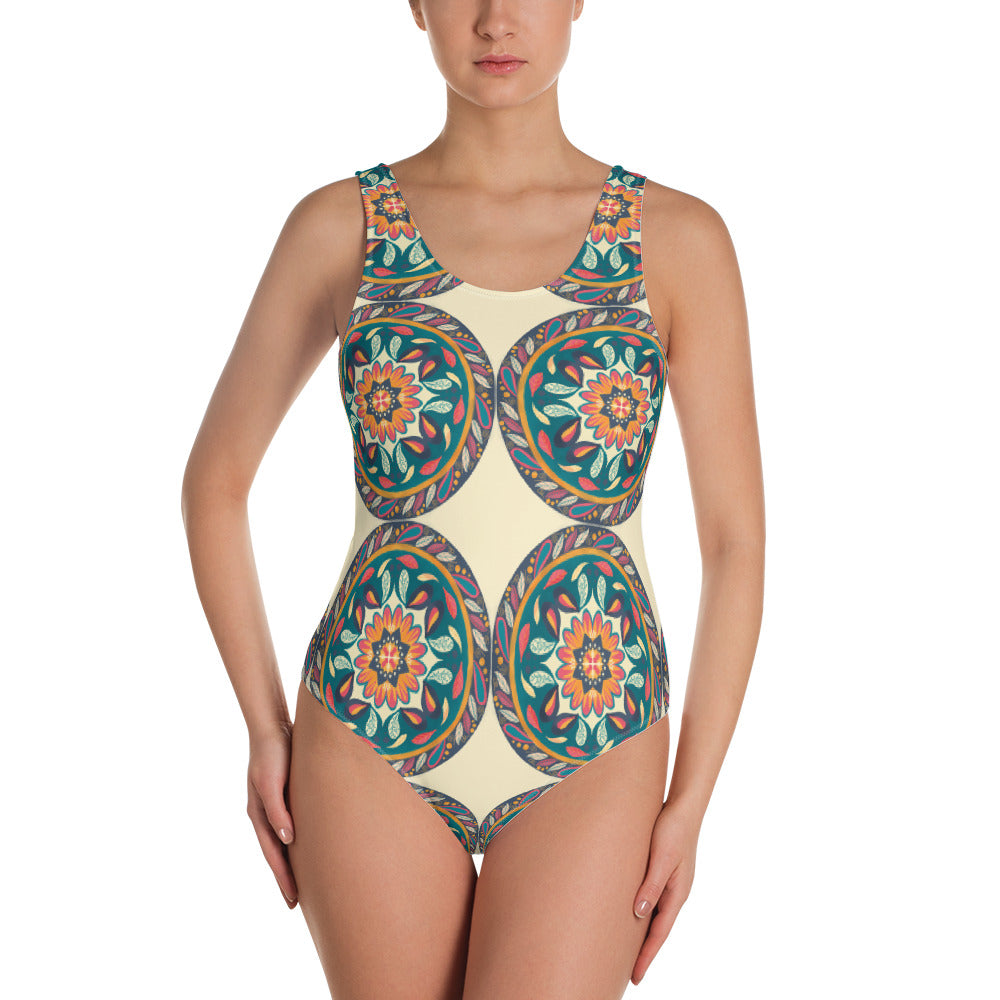 Floral Mandala One-Piece Swimsuit, Cream