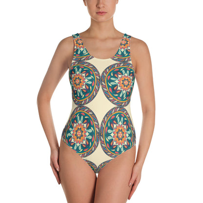 Floral Mandala One-Piece Swimsuit, Cream