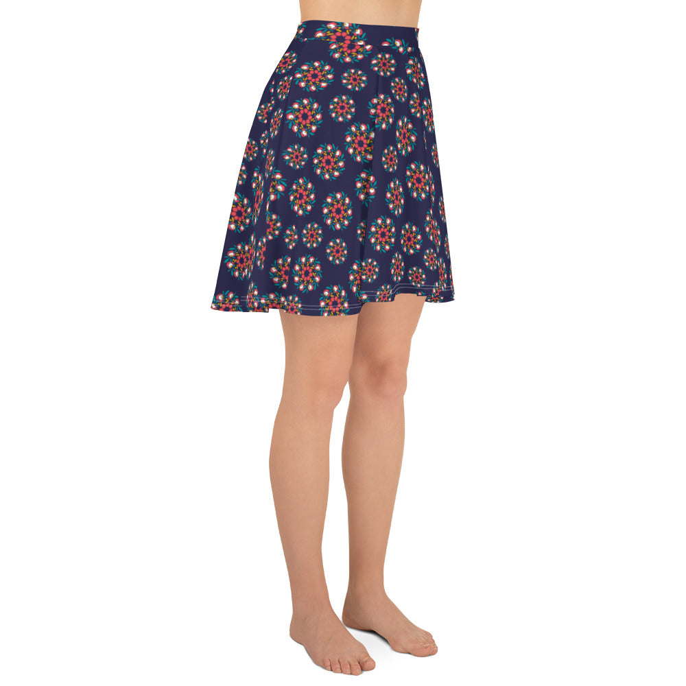 Floral Wreath Skater Skirt, Navy