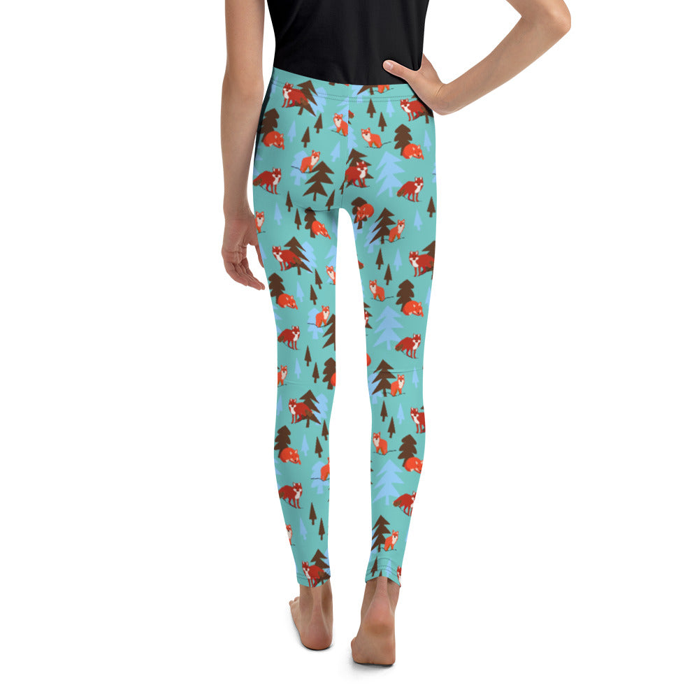 Fox Print Youth Leggings, Teal