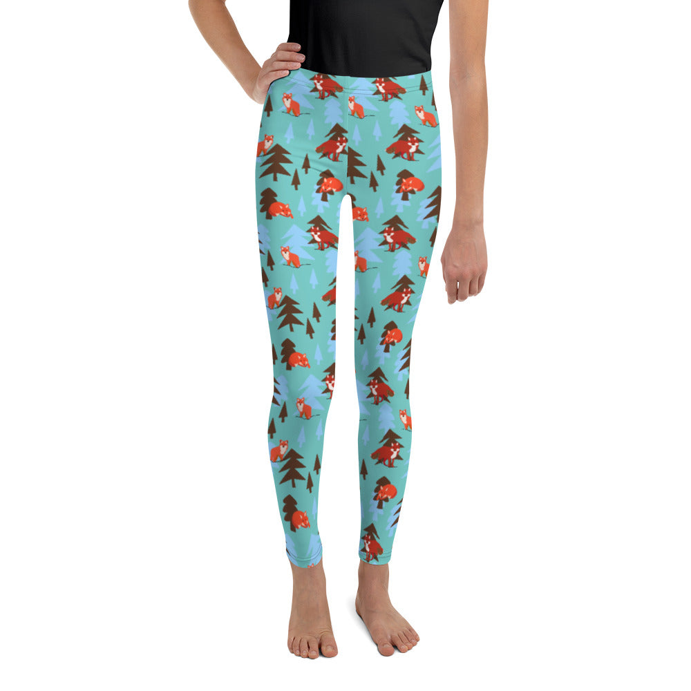 Fox Print Youth Leggings, Teal