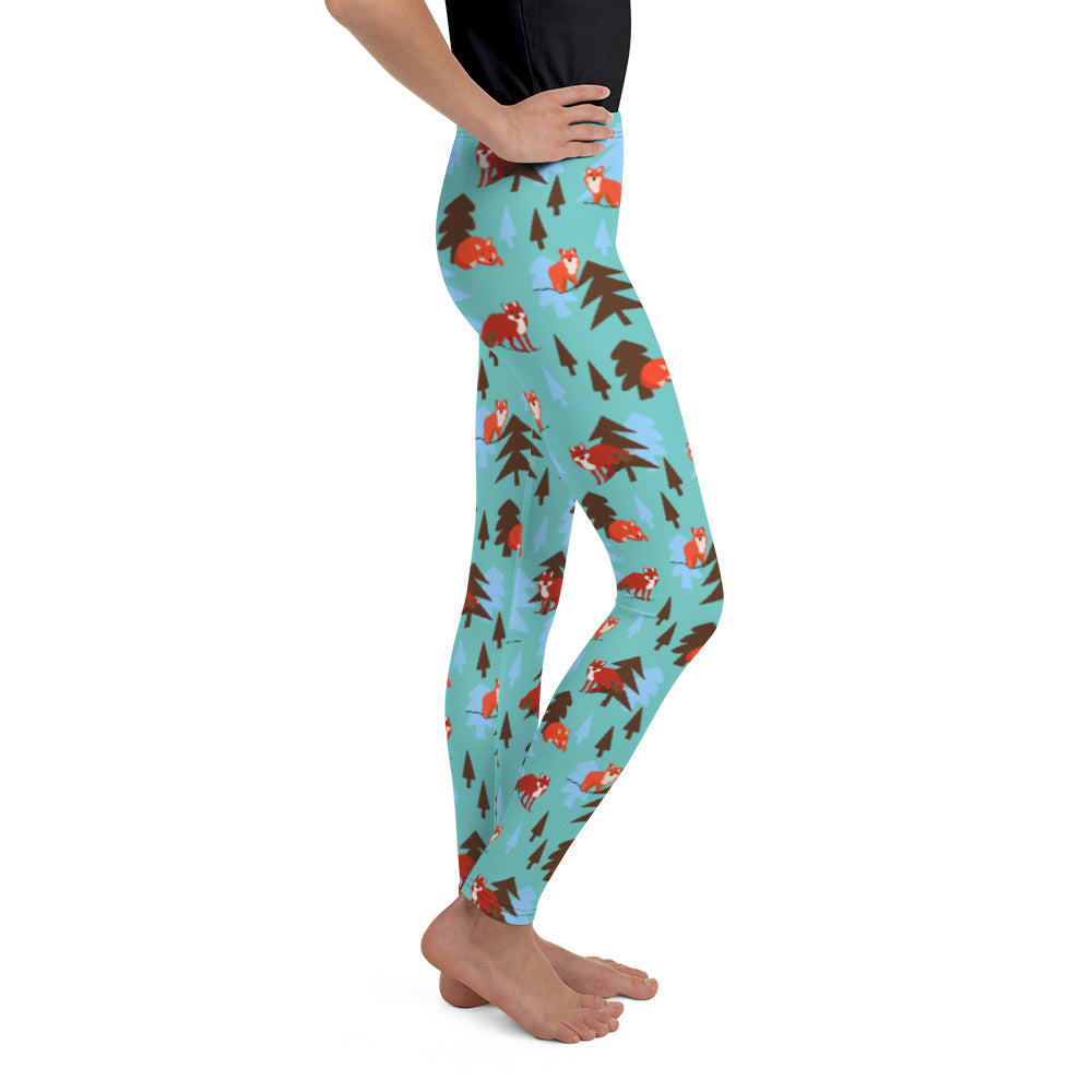 Fox Print Youth Leggings, Teal