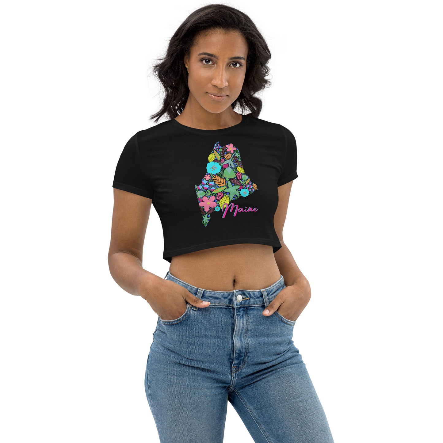 State of Maine Neon Floral Organic Crop Top