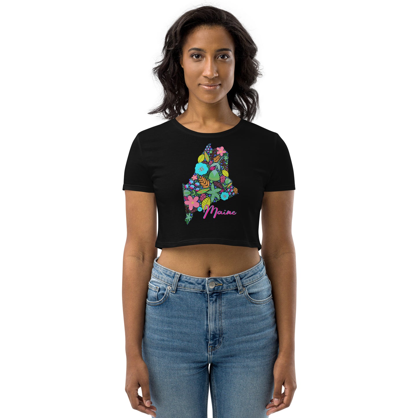 State of Maine Neon Floral Organic Crop Top