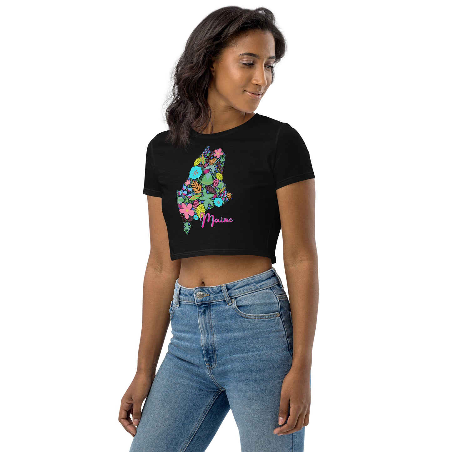 State of Maine Neon Floral Organic Crop Top