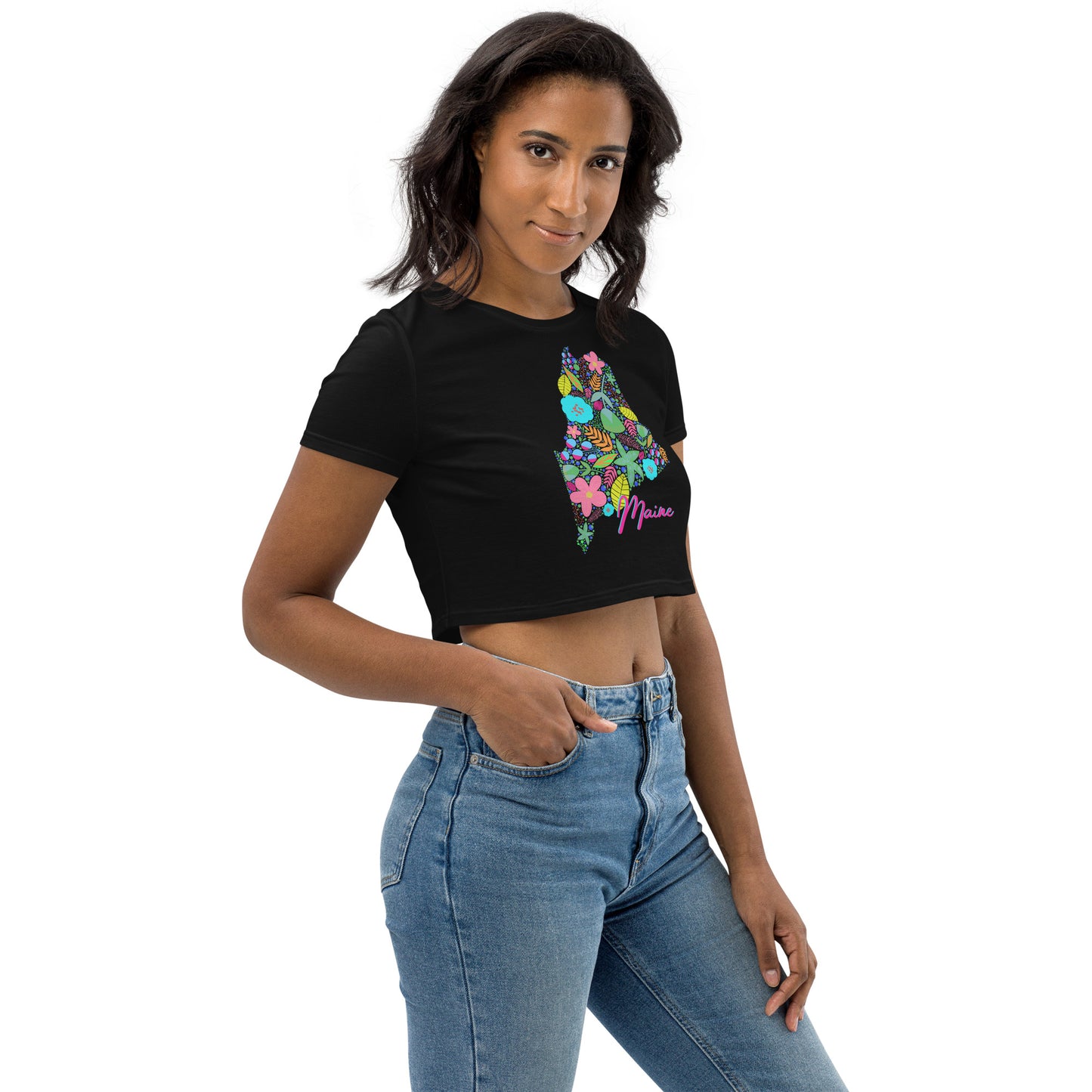 State of Maine Neon Floral Organic Crop Top