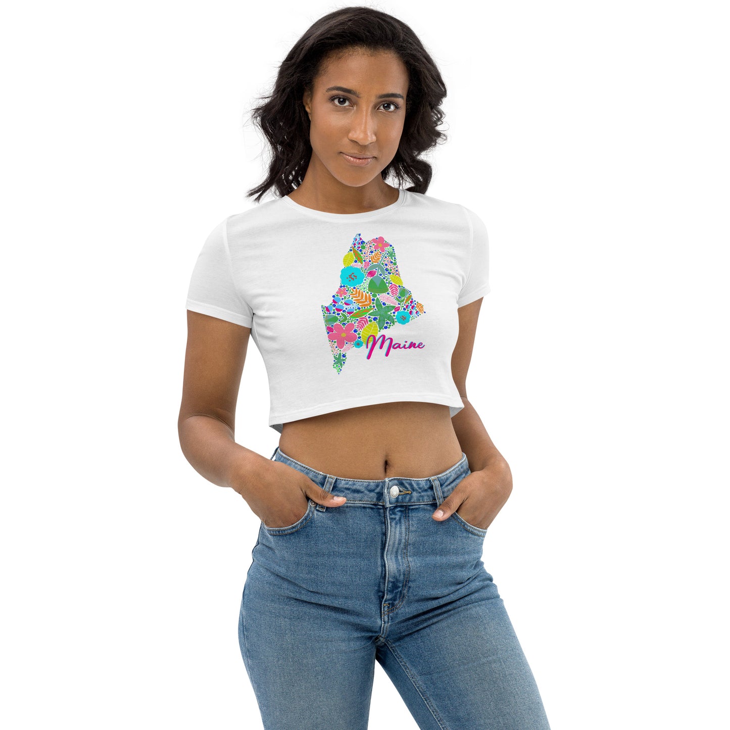 State of Maine Neon Floral Organic Crop Top