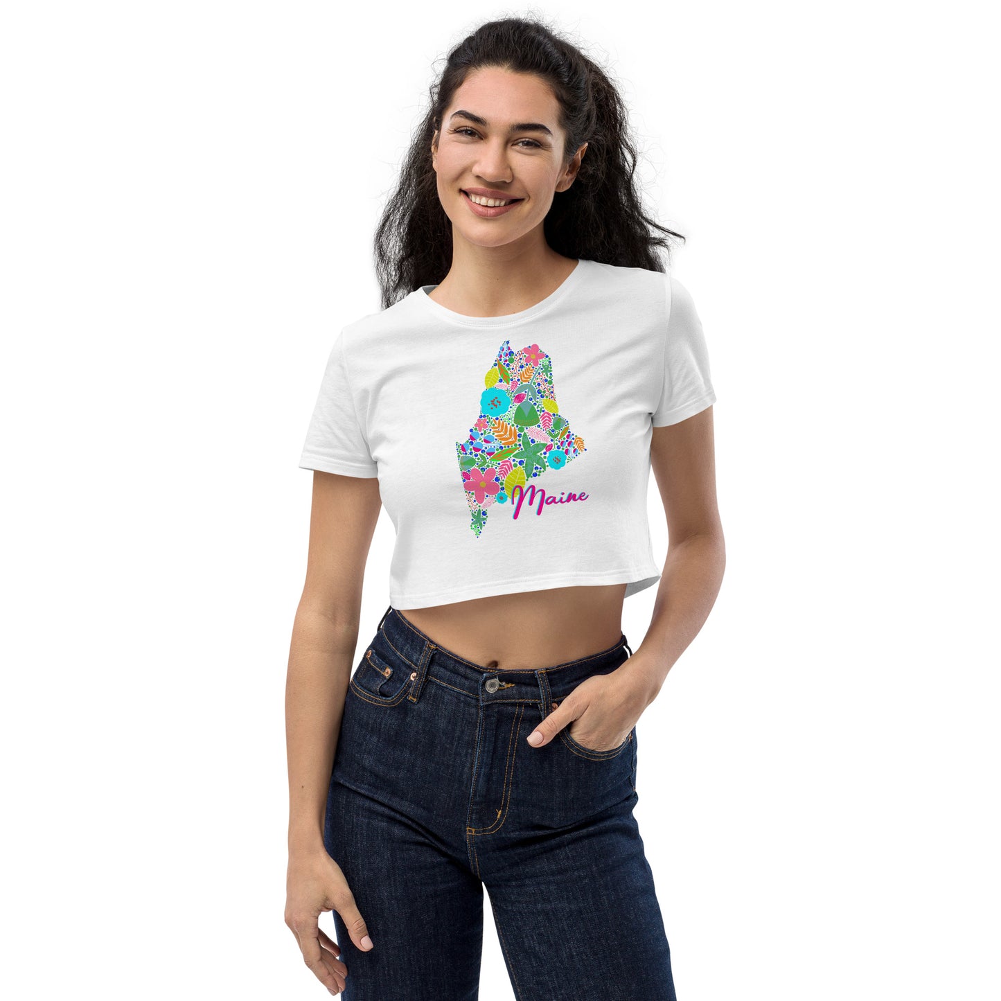 State of Maine Neon Floral Organic Crop Top