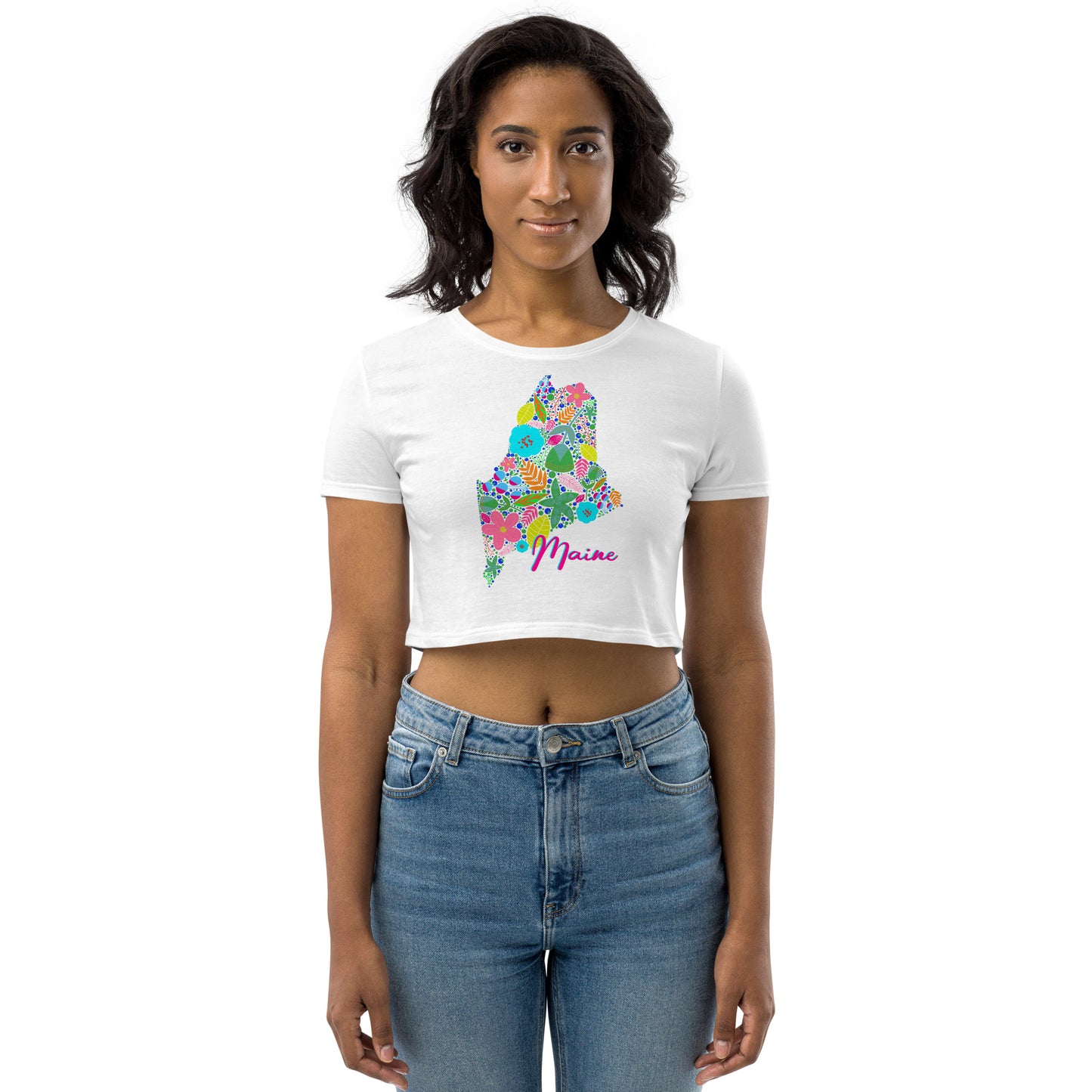 State of Maine Neon Floral Organic Crop Top