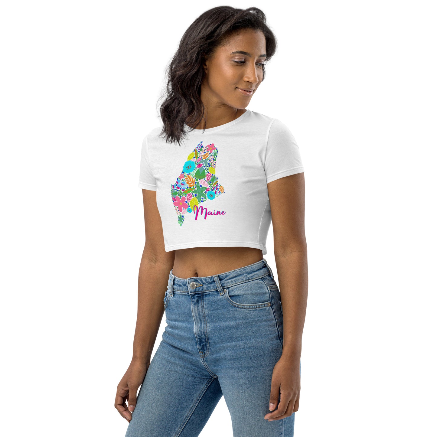 State of Maine Neon Floral Organic Crop Top