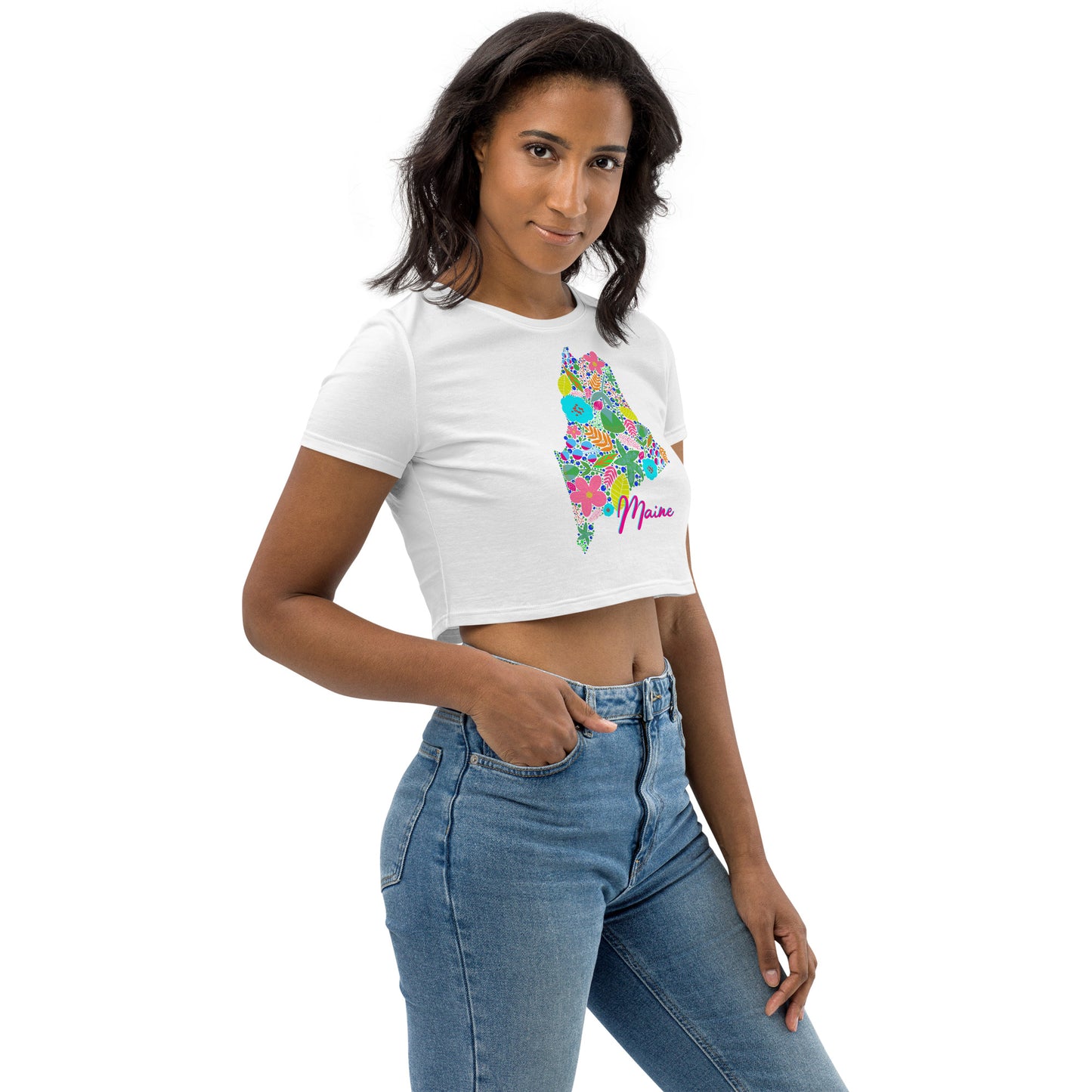 State of Maine Neon Floral Organic Crop Top