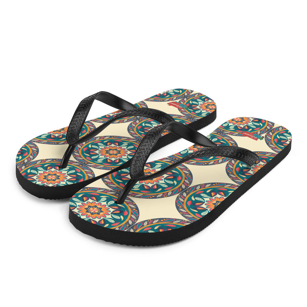 Floral Mandala Flip-Flops, Cream