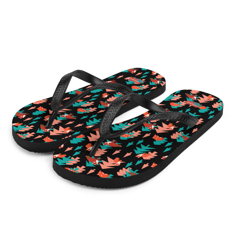 Fox Print Flip-Flops, Black