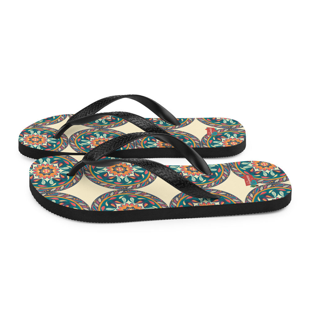 Floral Mandala Flip-Flops, Cream