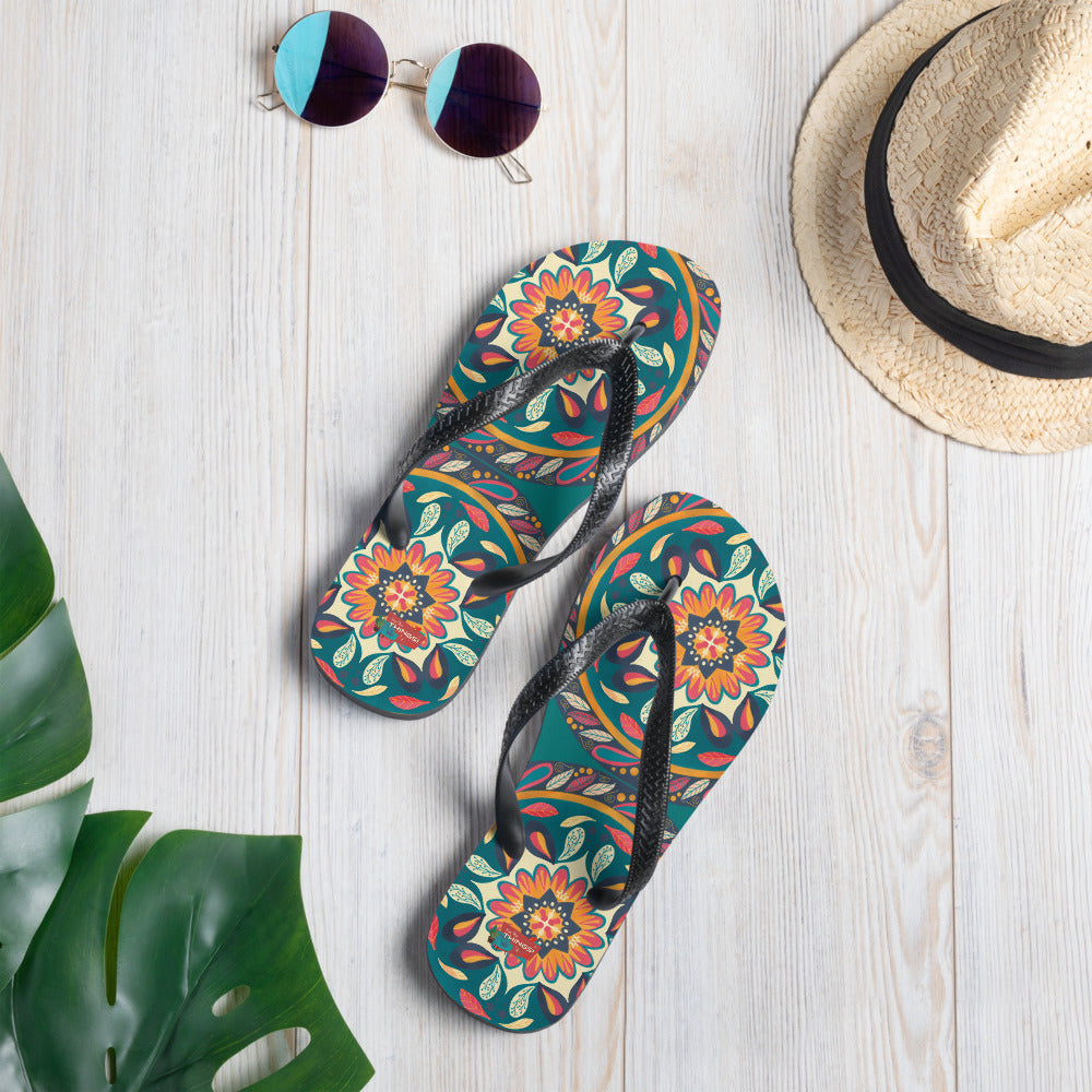 Floral Mandala Flip-Flops, Teal