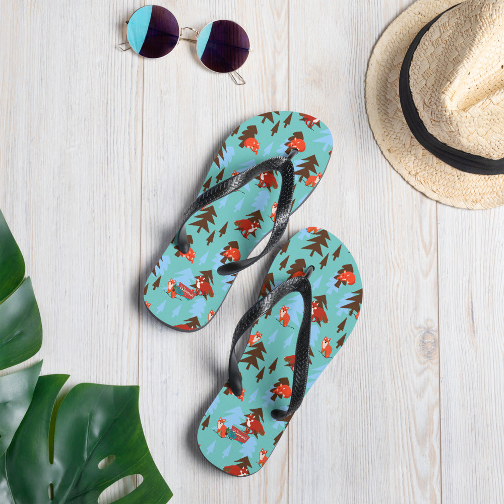 Fox Print Flip-Flops, Teal