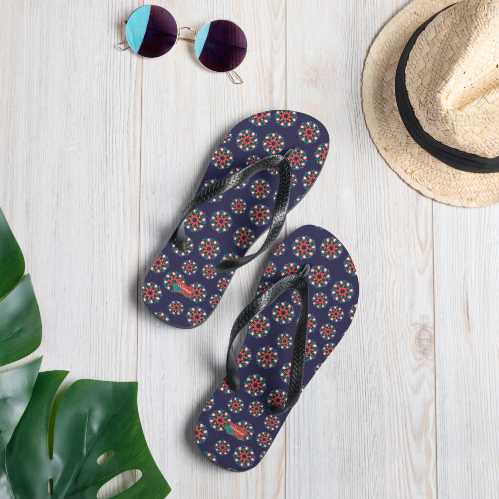 Floral Wreath Flip-Flops, Navy