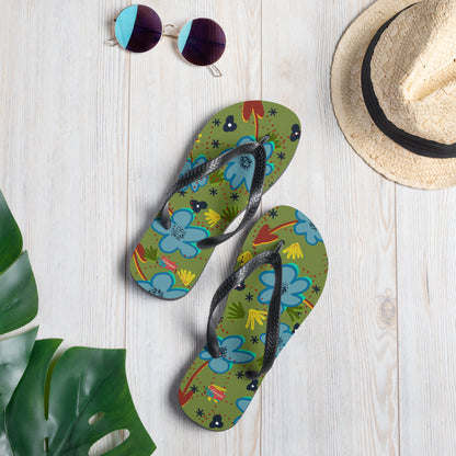 Retro Floral Flip-Flops, Green