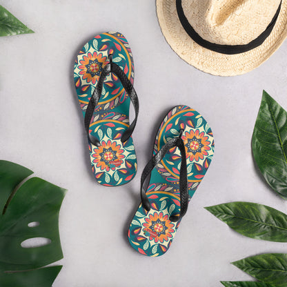 Floral Mandala Flip-Flops, Teal