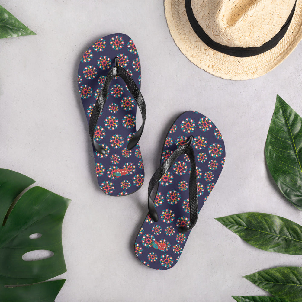 Floral Wreath Flip-Flops, Navy