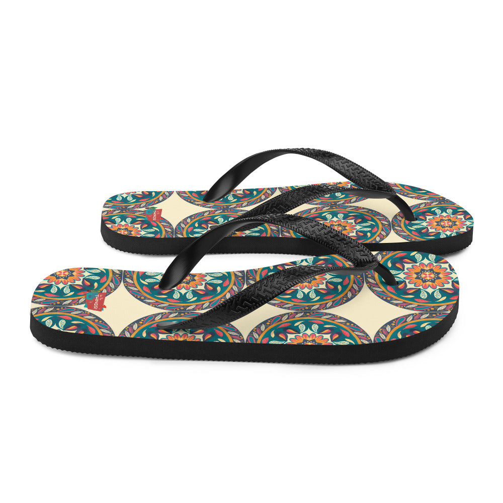 Floral Mandala Flip-Flops, Cream