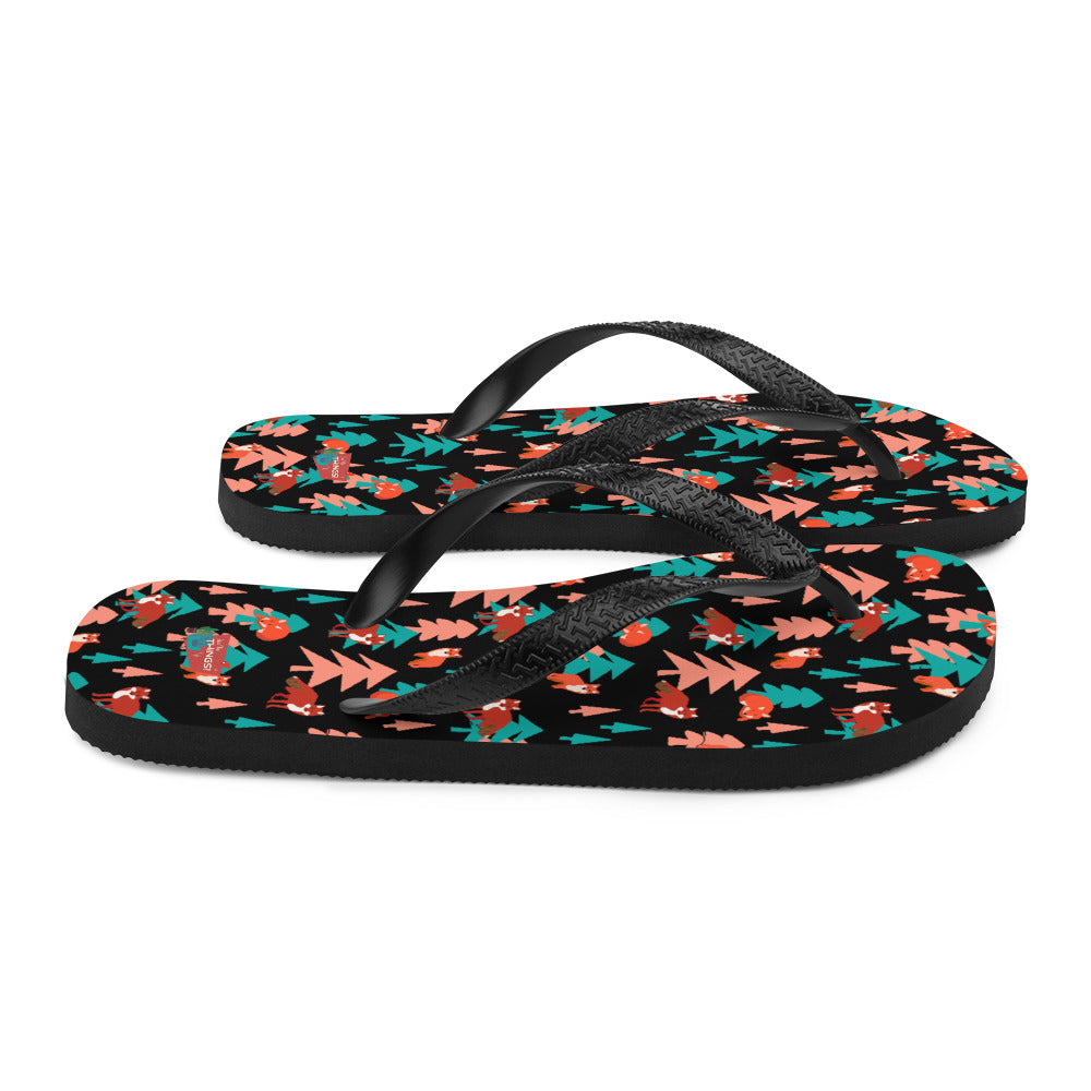 Fox Print Flip-Flops, Black