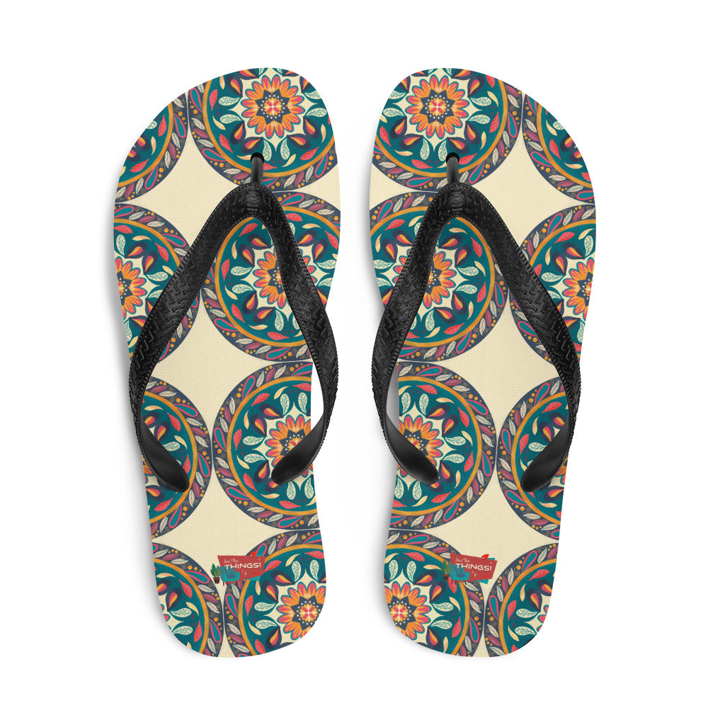 Floral Mandala Flip-Flops, Cream