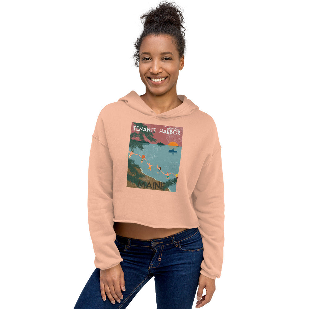 T Harbor Vintage Postcard Crop Hoodie