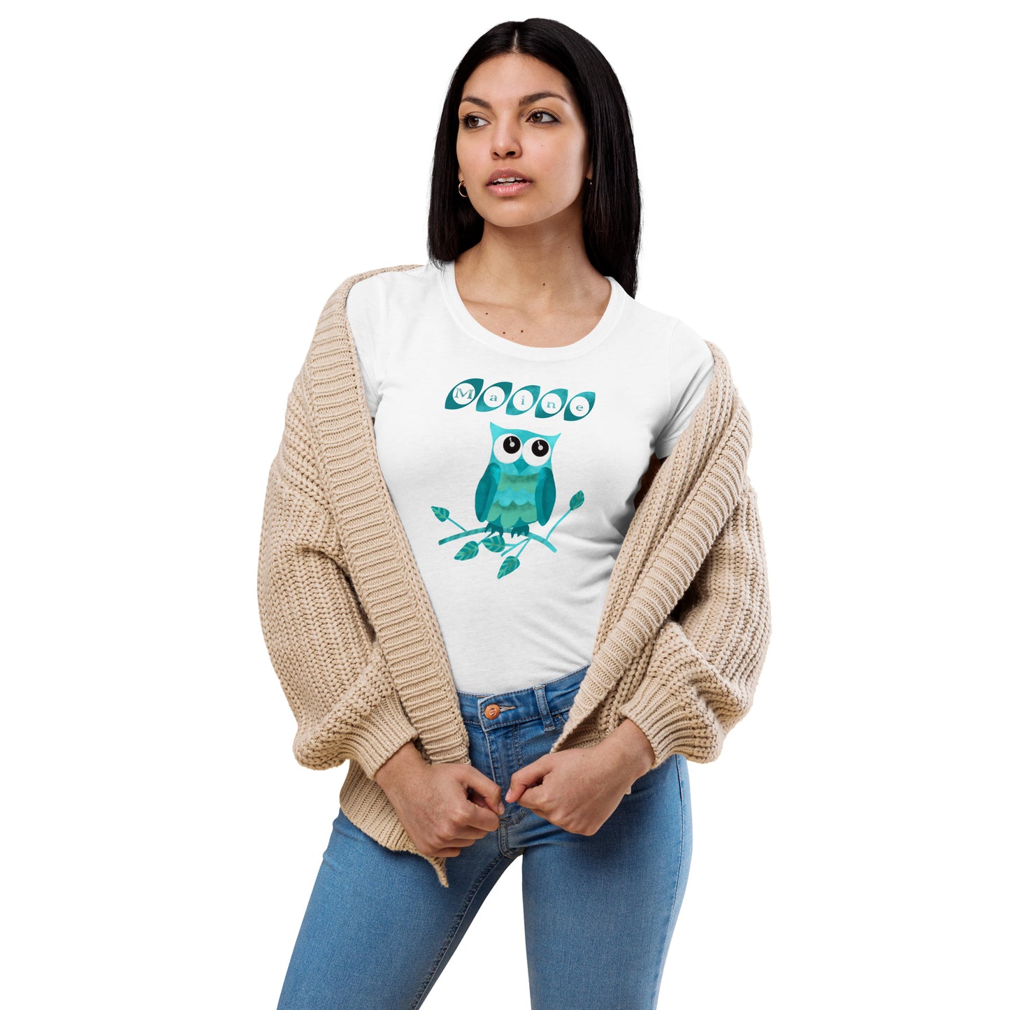 Maine Owl Women’s fitted t-shirt, teal